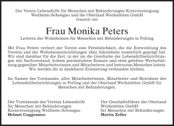 Traueranzeige von Monika Peters von merkurtz