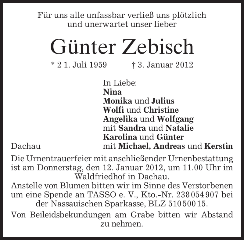  Traueranzeige für Günter Zebisch vom 07.01.2012 aus MERKUR & TZ