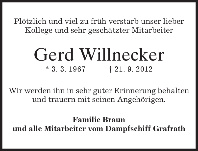  Traueranzeige für Gerd Willnecker vom 28.09.2012 aus merkurtz