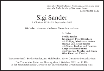 Traueranzeige von Sigi Sander von merkurtz
