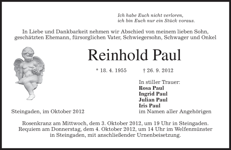  Traueranzeige für Reinhold Paul vom 01.10.2012 aus merkurtz