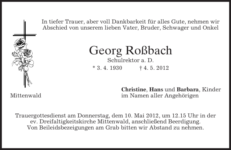  Traueranzeige für Georg Roßbach vom 08.05.2012 aus MERKUR & TZ