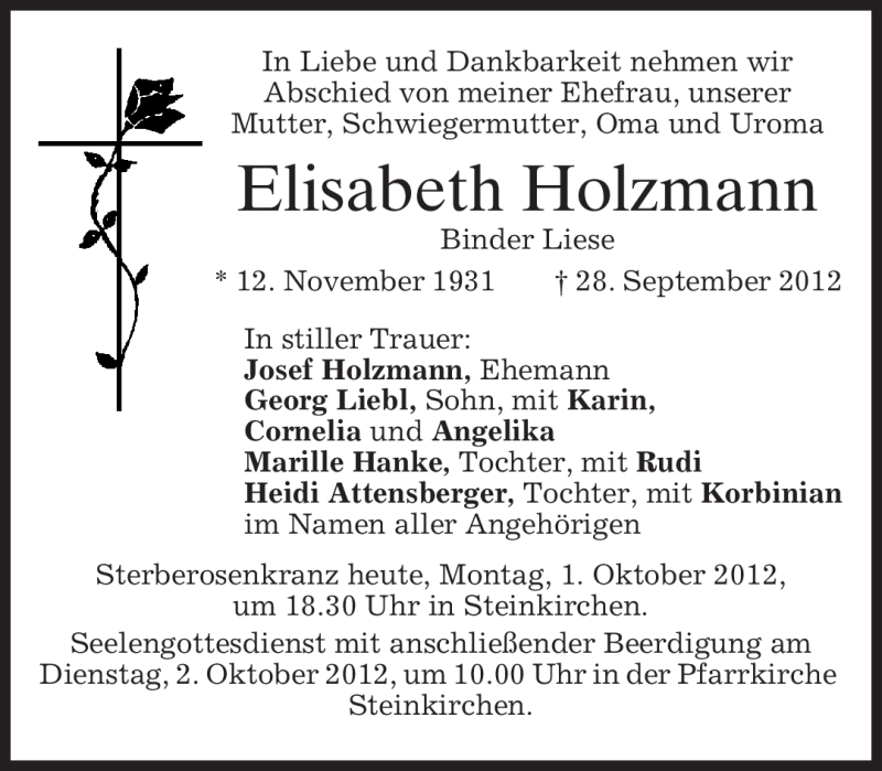  Traueranzeige für Elisabeth Holzmann vom 01.10.2012 aus merkurtz