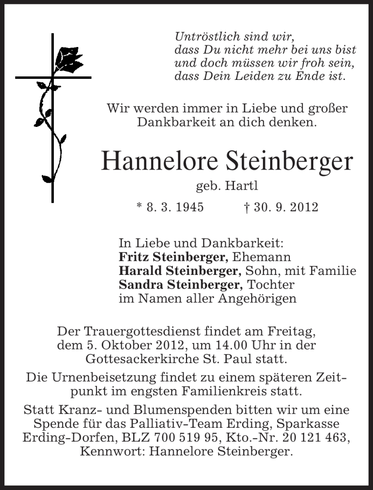 Traueranzeige für Hannelore Steinberger vom 02.10.2012 aus merkurtz