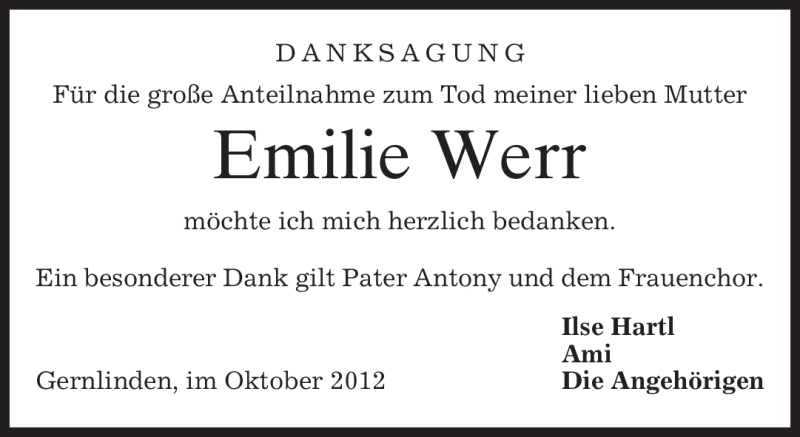  Traueranzeige für Emilie Werr vom 02.10.2012 aus merkurtz