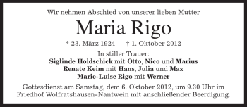 Traueranzeigen von Maria Rigo | trauer.merkur.de