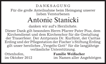 Traueranzeige von Antonie Stanicki von merkurtz