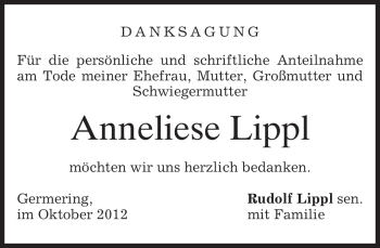 Traueranzeige von Anneliese Lippl von merkurtz