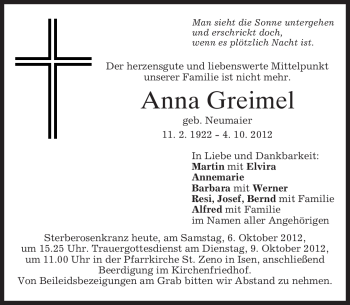 Traueranzeige von Anna Greimel von merkurtz