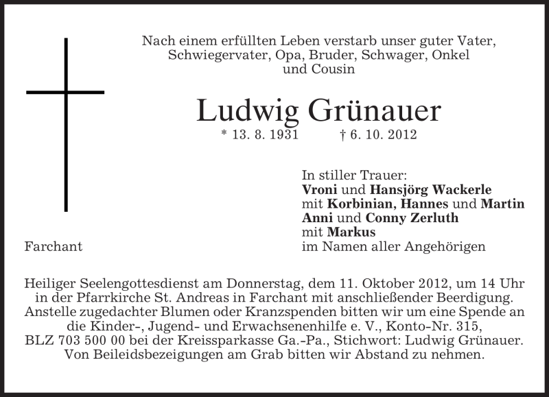  Traueranzeige für Ludwig Grünauer vom 09.10.2012 aus merkurtz