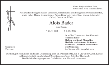 Traueranzeige von Alois Bader von merkurtz