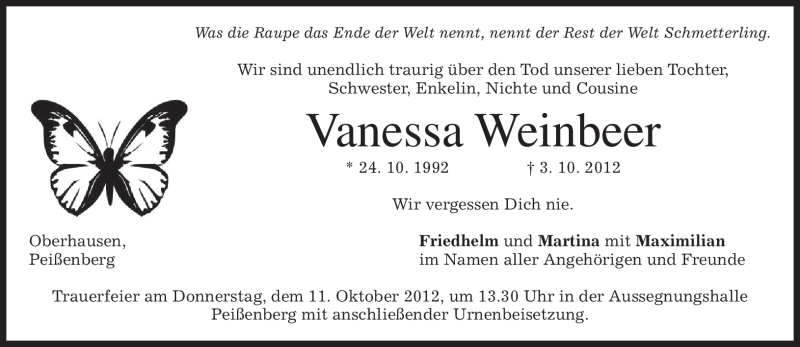  Traueranzeige für Vanessa Weinbeer vom 09.10.2012 aus merkurtz