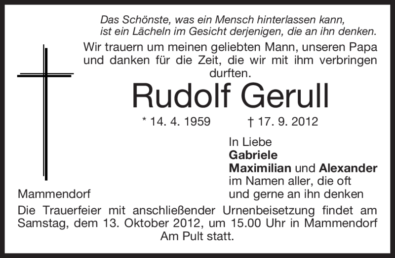  Traueranzeige für Rudolf Gerull vom 10.10.2012 aus merkurtz