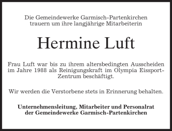 Traueranzeige von Hermine Luft von merkurtz