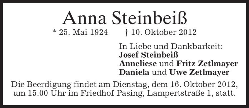  Traueranzeige für Anna Steinbeiß vom 15.10.2012 aus merkurtz