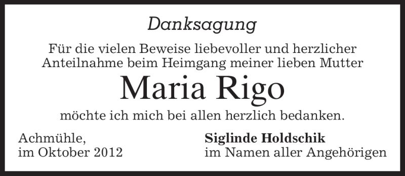 Traueranzeigen von Maria Rigo | trauer.merkur.de