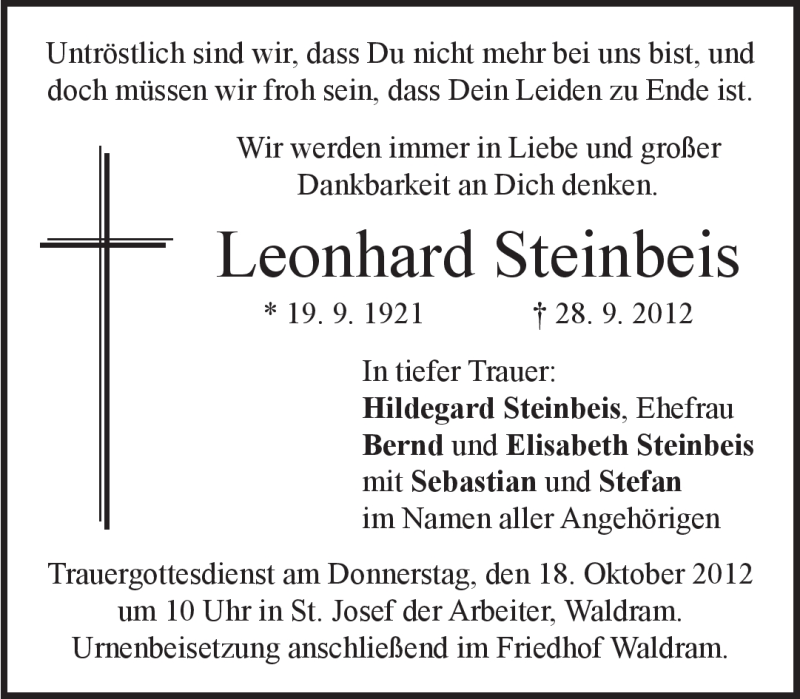  Traueranzeige für Leonhard Steinbeis vom 13.10.2012 aus merkurtz