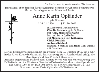 Traueranzeige von Anne Karin Opländer von merkurtz