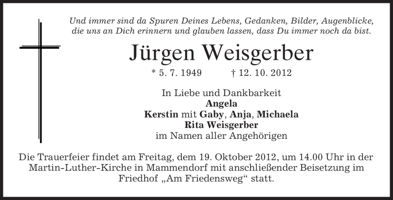  Traueranzeige für Jürgen Weisgerber vom 17.10.2012 aus merkurtz