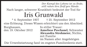 Traueranzeige von Iris Grunwald von merkurtz