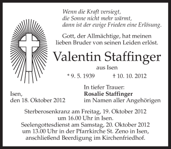 Traueranzeige von Valentin Staffinger von merkurtz