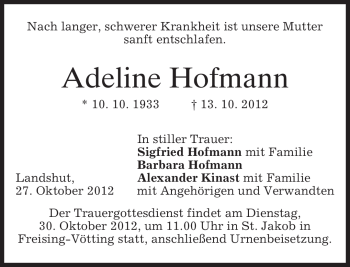 Traueranzeige von Adeline Hofmann von merkurtz