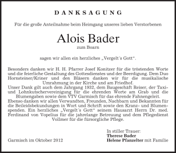 Traueranzeige von Alois Bader von merkurtz