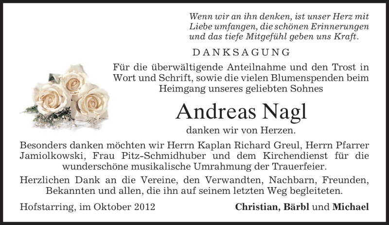  Traueranzeige für Andreas Nagl vom 20.10.2012 aus merkurtz