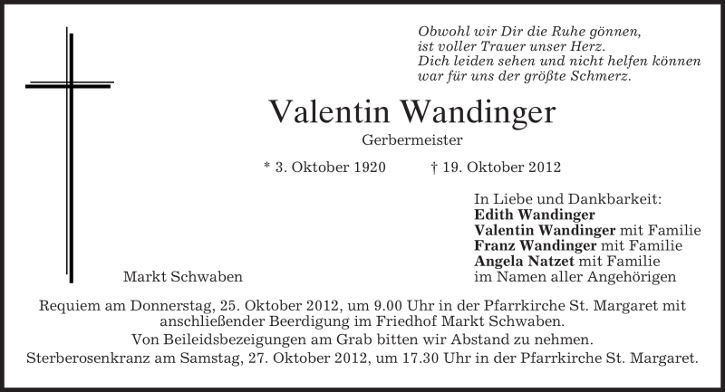  Traueranzeige für Valentin Wandinger vom 20.10.2012 aus merkurtz