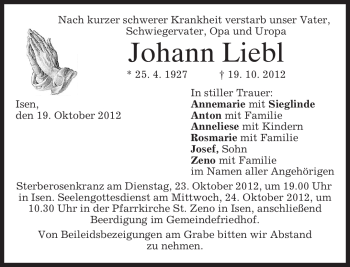 Traueranzeige von Johann Liebl von merkurtz