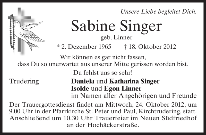  Traueranzeige für Sabine Singer vom 22.10.2012 aus merkurtz