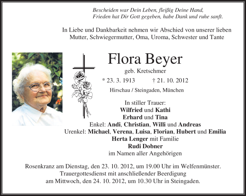  Traueranzeige für Flora Beyer vom 22.10.2012 aus merkurtz