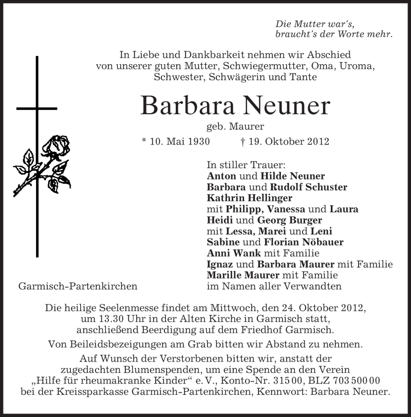  Traueranzeige für Barbara Neuner vom 22.10.2012 aus merkurtz