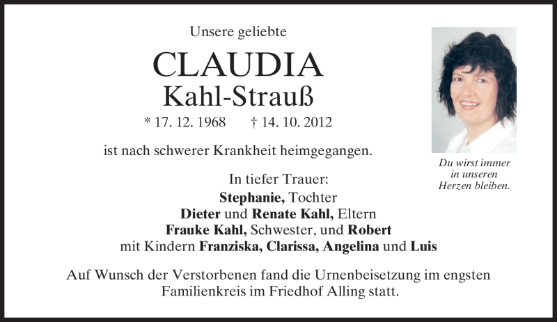 Traueranzeige für Claudia Kahl-Strauß vom 27.10.2012 aus merkurtz