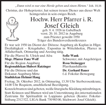 Traueranzeige von Josef Gleich von merkurtz