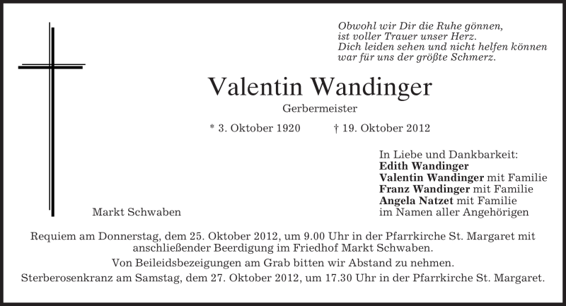  Traueranzeige für Valentin Wandinger vom 23.10.2012 aus merkurtz