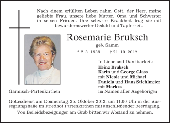 Traueranzeige von Rosemarie Bruksch von merkurtz