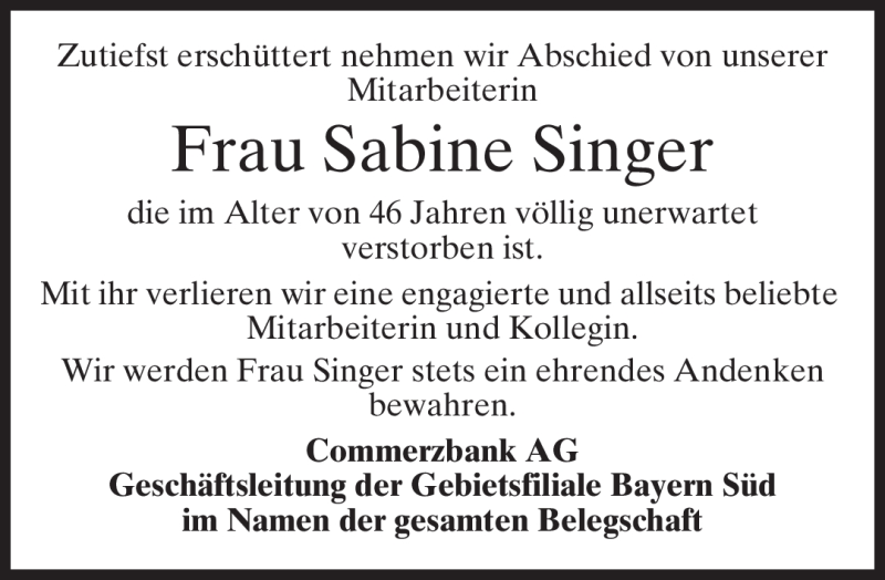  Traueranzeige für Sabine Singer vom 24.10.2012 aus merkurtz