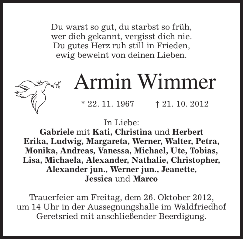  Traueranzeige für Armin Wimmer vom 24.10.2012 aus merkurtz