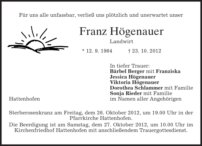  Traueranzeige für Franz Högenauer vom 25.10.2012 aus merkurtz