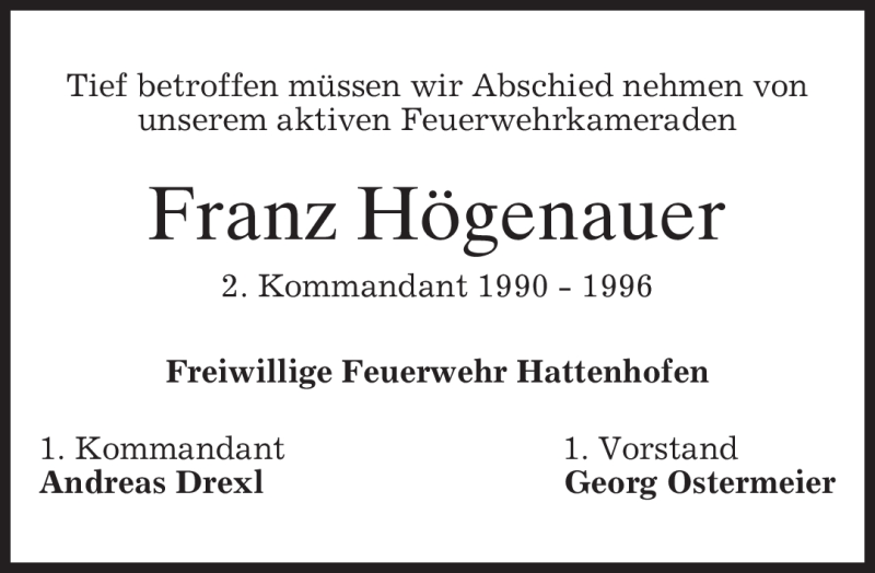  Traueranzeige für Franz Högenauer vom 26.10.2012 aus merkurtz