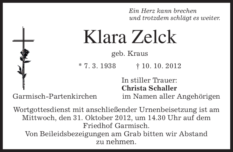  Traueranzeige für Klara Zelck vom 27.10.2012 aus merkurtz