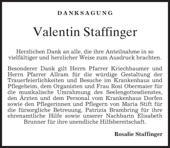 Traueranzeige von Valentin Staffinger von merkurtz
