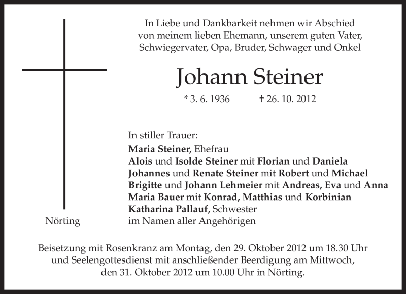  Traueranzeige für Johann Steiner vom 27.10.2012 aus merkurtz