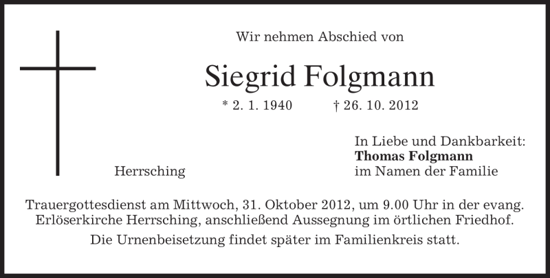  Traueranzeige für Siegrid Folgmann vom 29.10.2012 aus merkurtz
