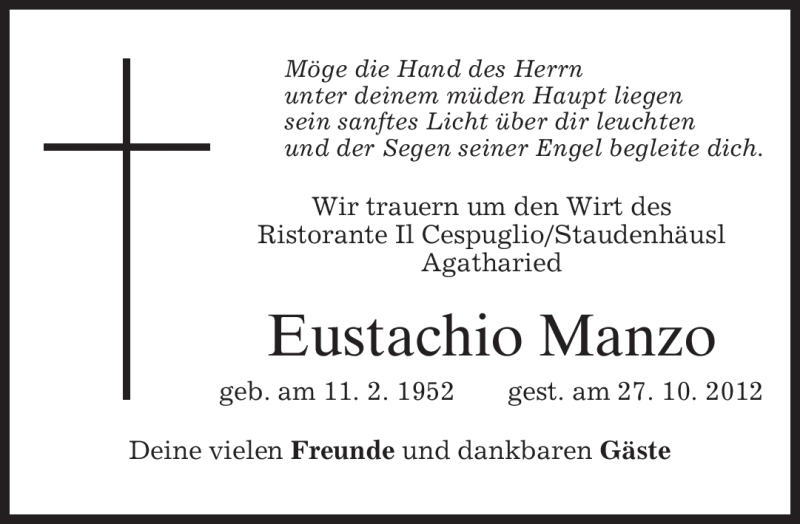  Traueranzeige für Eustachio Manzo vom 29.10.2012 aus merkurtz