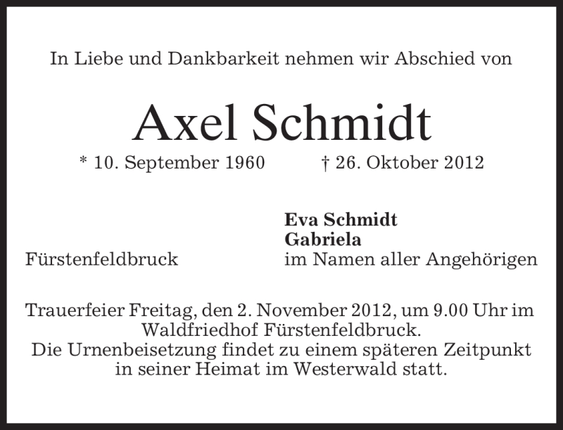  Traueranzeige für Axel Schmidt vom 29.10.2012 aus merkurtz