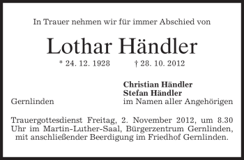 Traueranzeige von Lothar Händler von merkurtz