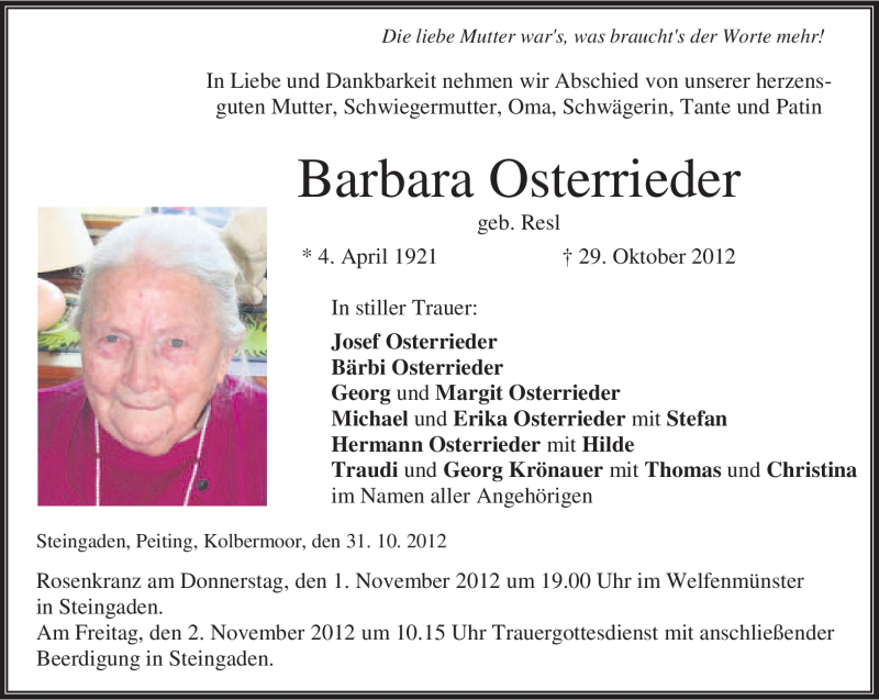  Traueranzeige für Barbara Osterrieder vom 31.10.2012 aus merkurtz