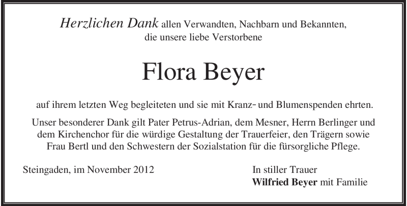  Traueranzeige für Flora Beyer vom 02.11.2012 aus merkurtz